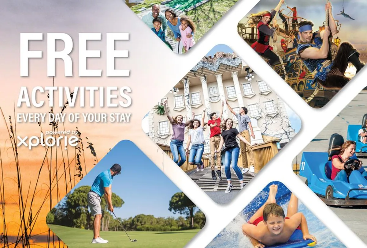 An action-packed scene of families enjoying various activities: children playing, people golfing, and families experiencing thrill rides. The mood is lively and adventurous, capturing the excitement of local attractions and shared experiences.